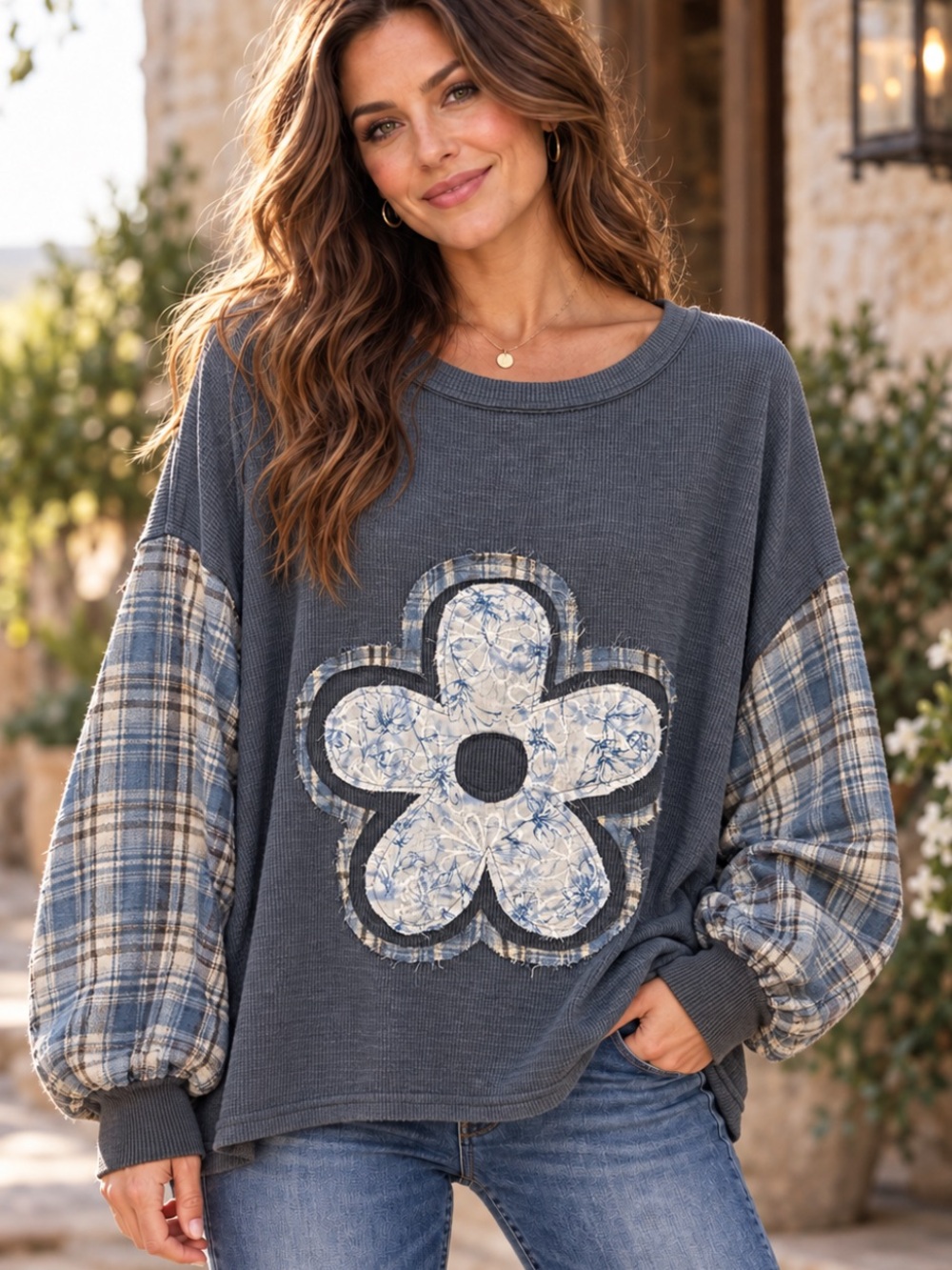NWT POL Dusty Blue Plaid Flannel Floral Appliqué Oversized Waffle Top S